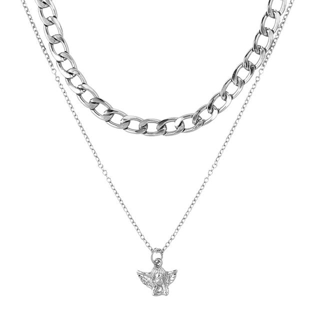 BOHO Golden Multilayer Butterfly Charms Chunky Chain Necklace For Women Crystal ANGEL Letters Pendants Necklace New 2021 Jewelry