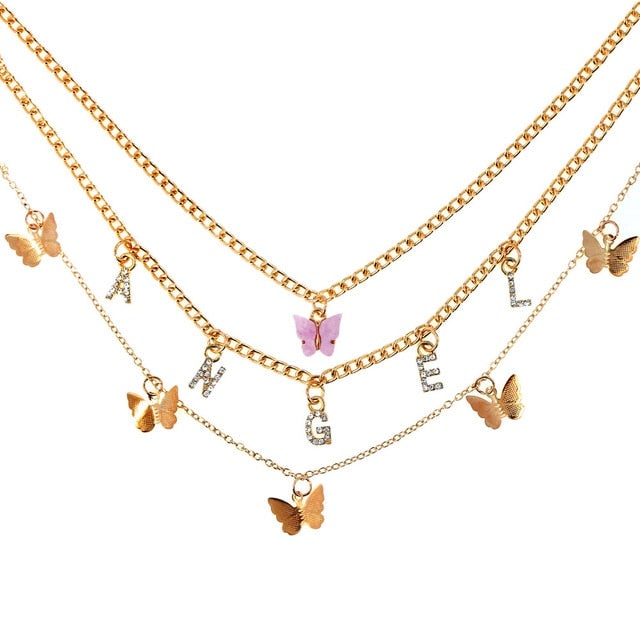 BOHO Golden Multilayer Butterfly Charms Chunky Chain Necklace For Women Crystal ANGEL Letters Pendants Necklace New 2021 Jewelry