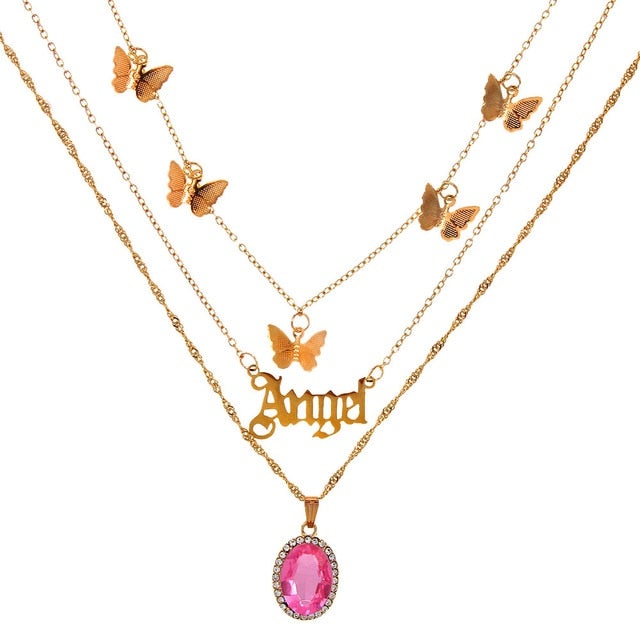 BOHO Golden Multilayer Butterfly Charms Chunky Chain Necklace For Women Crystal ANGEL Letters Pendants Necklace New 2021 Jewelry