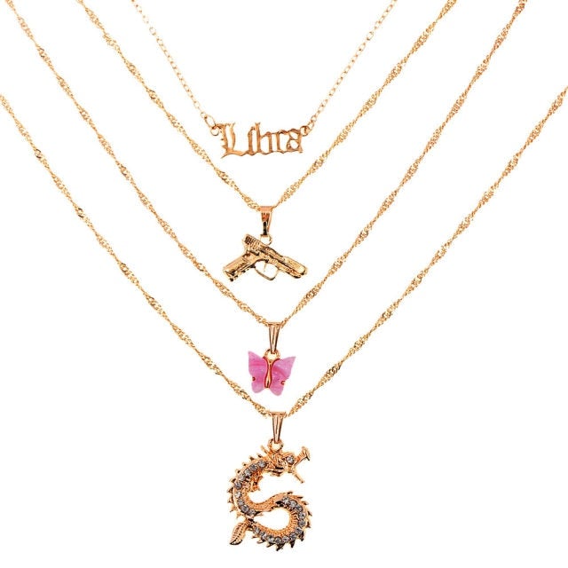 BOHO Golden Multilayer Butterfly Charms Chunky Chain Necklace For Women Crystal ANGEL Letters Pendants Necklace New 2021 Jewelry