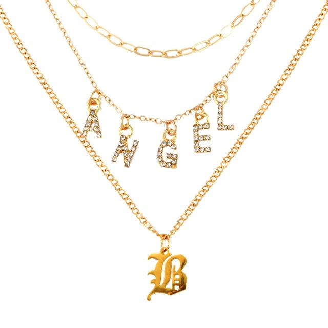 BOHO Golden Multilayer Butterfly Charms Chunky Chain Necklace For Women Crystal ANGEL Letters Pendants Necklace New 2021 Jewelry