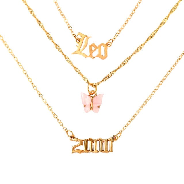 BOHO Golden Multilayer Butterfly Charms Chunky Chain Necklace For Women Crystal ANGEL Letters Pendants Necklace New 2021 Jewelry