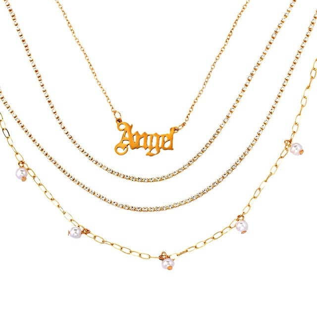 BOHO Golden Multilayer Butterfly Charms Chunky Chain Necklace For Women Crystal ANGEL Letters Pendants Necklace New 2021 Jewelry