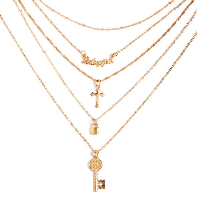BOHO Golden Multilayer Butterfly Charms Chunky Chain Necklace For Women Crystal ANGEL Letters Pendants Necklace New 2021 Jewelry