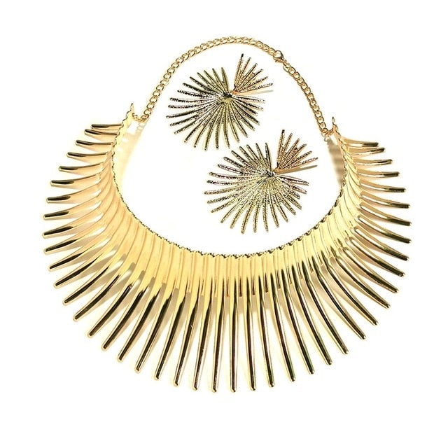 Africa Necklaces Jewelry Set Gold Color Metal Big Exaggerated Torque Choker Necklace Earrings Set Jewelry Steampunk Party UKMOC