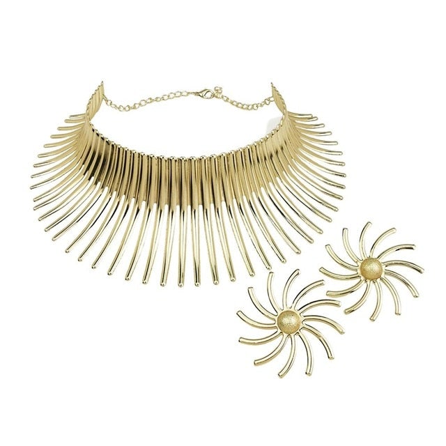 Africa Necklaces Jewelry Set Gold Color Metal Big Exaggerated Torque Choker Necklace Earrings Set Jewelry Steampunk Party UKMOC