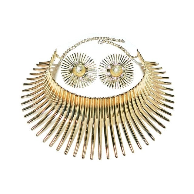 Africa Necklaces Jewelry Set Gold Color Metal Big Exaggerated Torque Choker Necklace Earrings Set Jewelry Steampunk Party UKMOC
