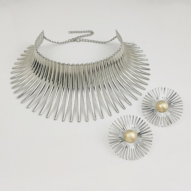 Africa Necklaces Jewelry Set Gold Color Metal Big Exaggerated Torque Choker Necklace Earrings Set Jewelry Steampunk Party UKMOC