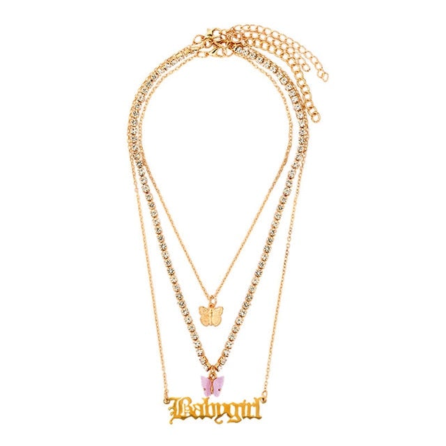JUST FEEL Gold Silver Color Babygirl Letter Pendant Necklace for Women Multilayer Butterfly Clavicle Chain Necklace Jewelry Gift