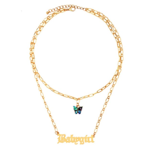 JUST FEEL Gold Silver Color Babygirl Letter Pendant Necklace for Women Multilayer Butterfly Clavicle Chain Necklace Jewelry Gift