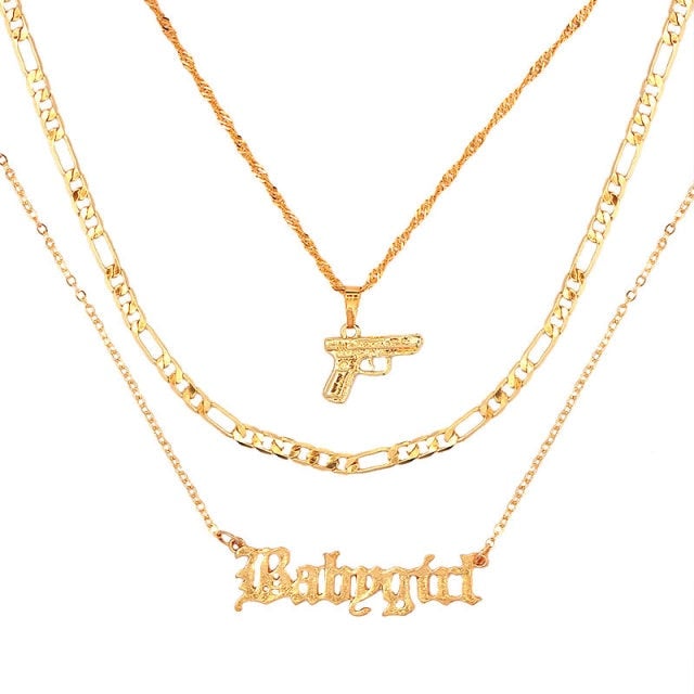 JUST FEEL Gold Silver Color Babygirl Letter Pendant Necklace for Women Multilayer Butterfly Clavicle Chain Necklace Jewelry Gift