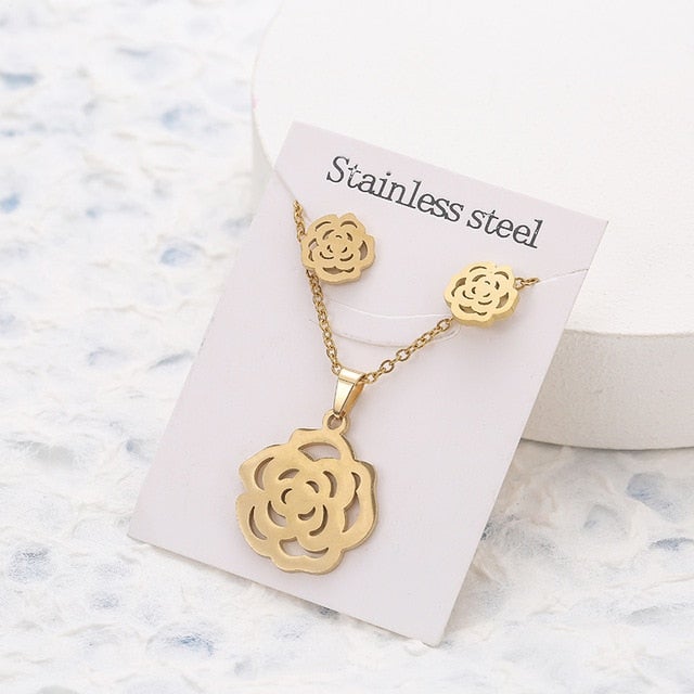 New Animal Flower Butterfly Stainless Steel Pendant Necklace Sets For Women Gold Color Chain Necklace Earrings Jewelry Gifts