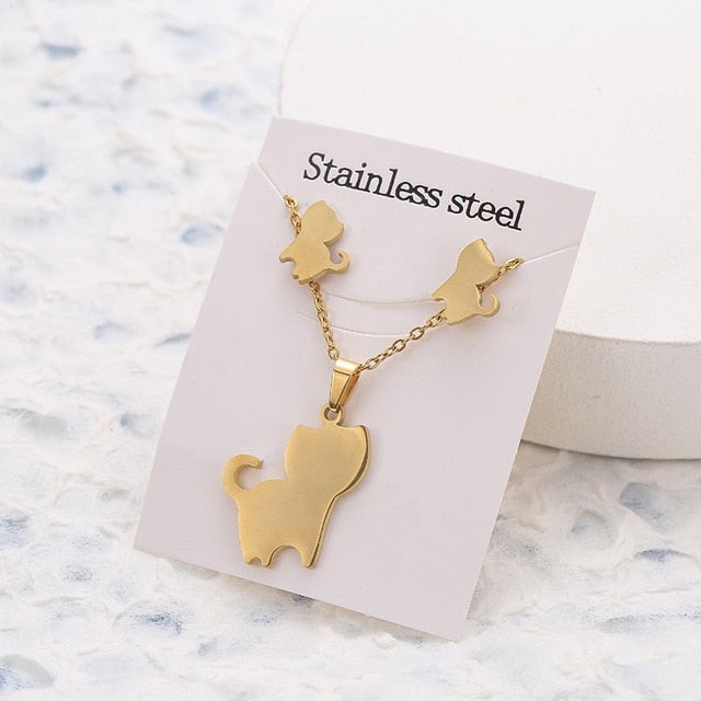 New Animal Flower Butterfly Stainless Steel Pendant Necklace Sets For Women Gold Color Chain Necklace Earrings Jewelry Gifts