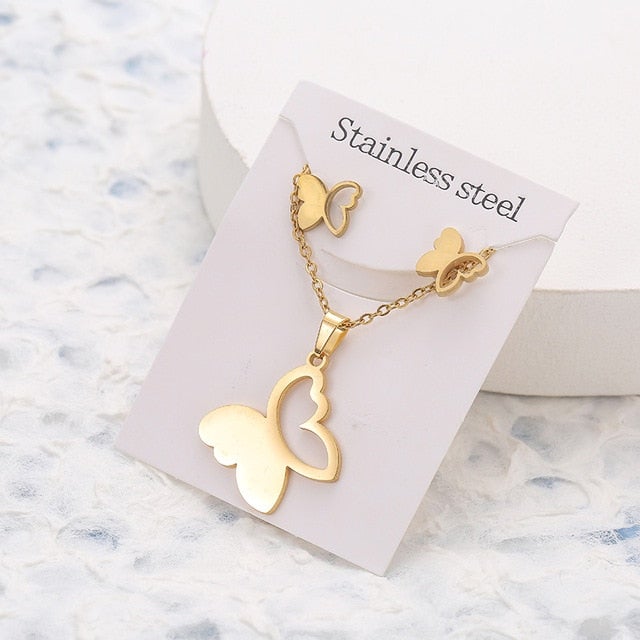 New Animal Flower Butterfly Stainless Steel Pendant Necklace Sets For Women Gold Color Chain Necklace Earrings Jewelry Gifts