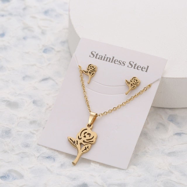 New Animal Flower Butterfly Stainless Steel Pendant Necklace Sets For Women Gold Color Chain Necklace Earrings Jewelry Gifts