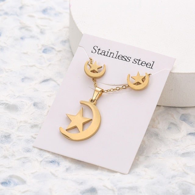 New Animal Flower Butterfly Stainless Steel Pendant Necklace Sets For Women Gold Color Chain Necklace Earrings Jewelry Gifts