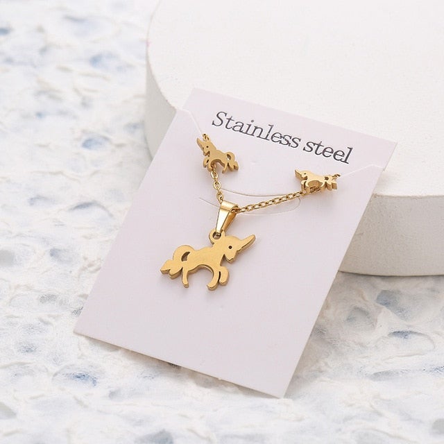 New Animal Flower Butterfly Stainless Steel Pendant Necklace Sets For Women Gold Color Chain Necklace Earrings Jewelry Gifts