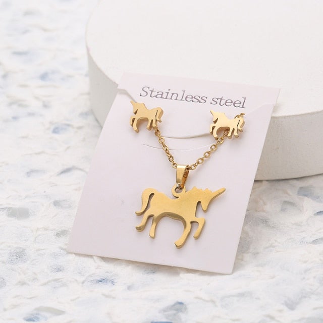 New Animal Flower Butterfly Stainless Steel Pendant Necklace Sets For Women Gold Color Chain Necklace Earrings Jewelry Gifts