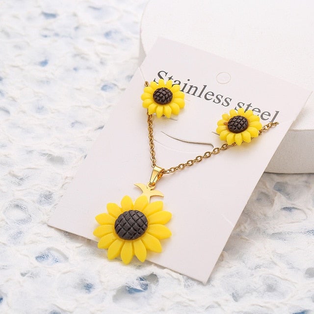 New Animal Flower Butterfly Stainless Steel Pendant Necklace Sets For Women Gold Color Chain Necklace Earrings Jewelry Gifts