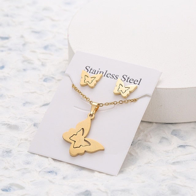 New Animal Flower Butterfly Stainless Steel Pendant Necklace Sets For Women Gold Color Chain Necklace Earrings Jewelry Gifts