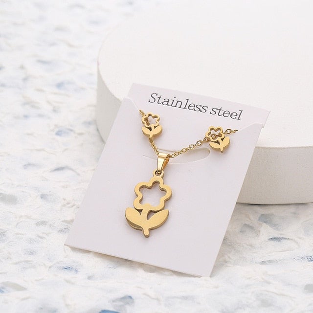 New Animal Flower Butterfly Stainless Steel Pendant Necklace Sets For Women Gold Color Chain Necklace Earrings Jewelry Gifts
