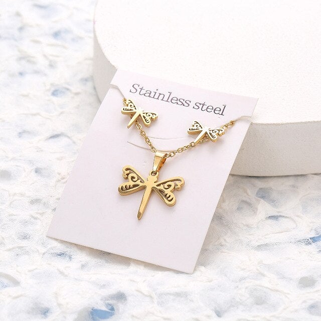 New Animal Flower Butterfly Stainless Steel Pendant Necklace Sets For Women Gold Color Chain Necklace Earrings Jewelry Gifts