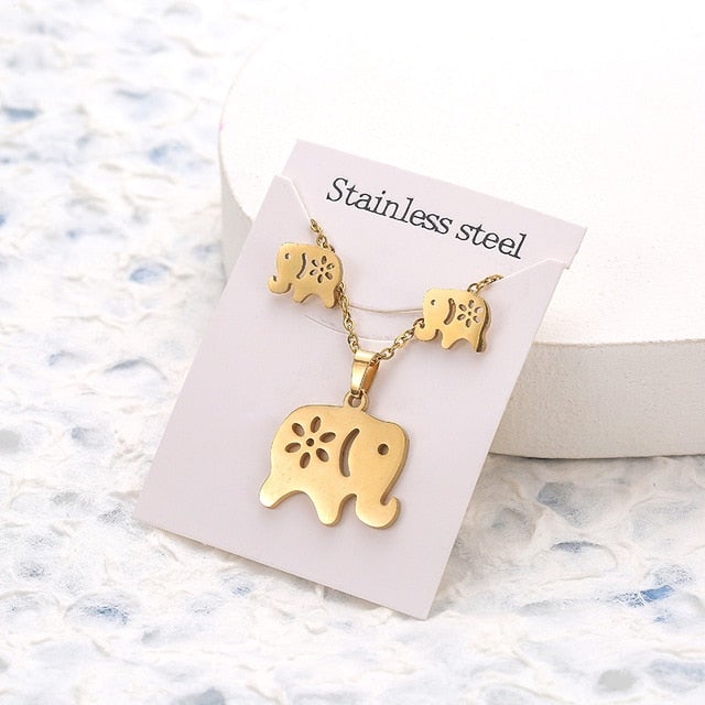 New Animal Flower Butterfly Stainless Steel Pendant Necklace Sets For Women Gold Color Chain Necklace Earrings Jewelry Gifts