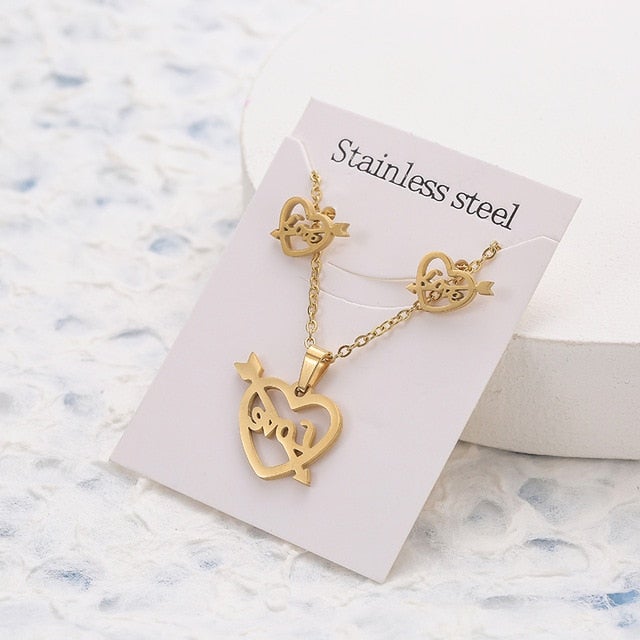 New Animal Flower Butterfly Stainless Steel Pendant Necklace Sets For Women Gold Color Chain Necklace Earrings Jewelry Gifts