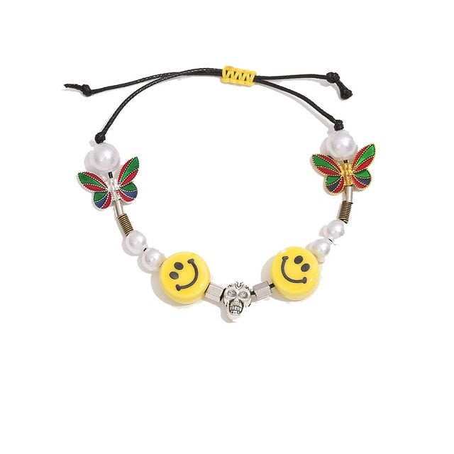 Kpop Fashion Rope Necklace for Men Dice Skull Pearl Yellow Smiley Face Multicolor Butterfly Necklace Hip Hop Bracelet 2020 New