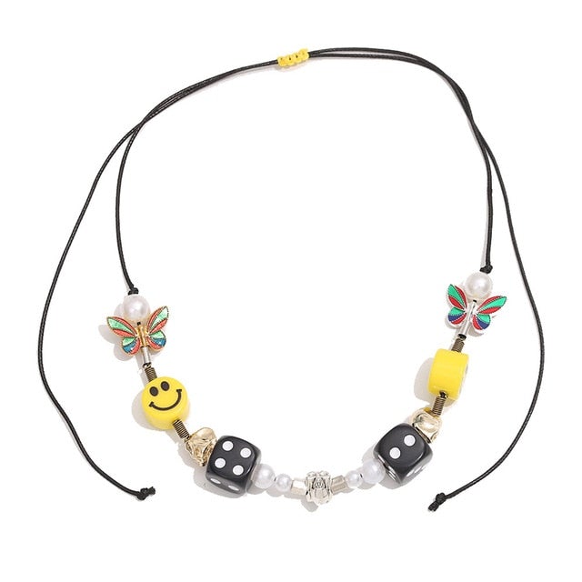 Kpop Fashion Rope Necklace for Men Dice Skull Pearl Yellow Smiley Face Multicolor Butterfly Necklace Hip Hop Bracelet 2020 New