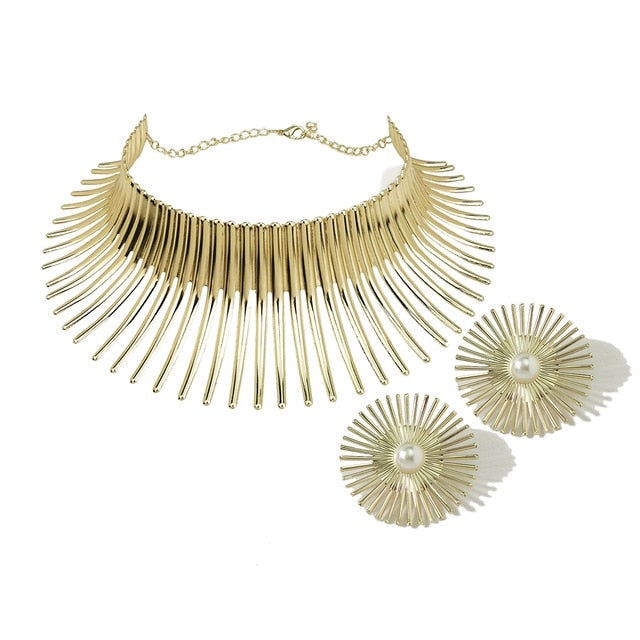 Africa Necklaces Jewelry Set Gold Color Metal Big Exaggerated Torque Choker Necklace Earrings Set Jewelry Steampunk Party UKMOC