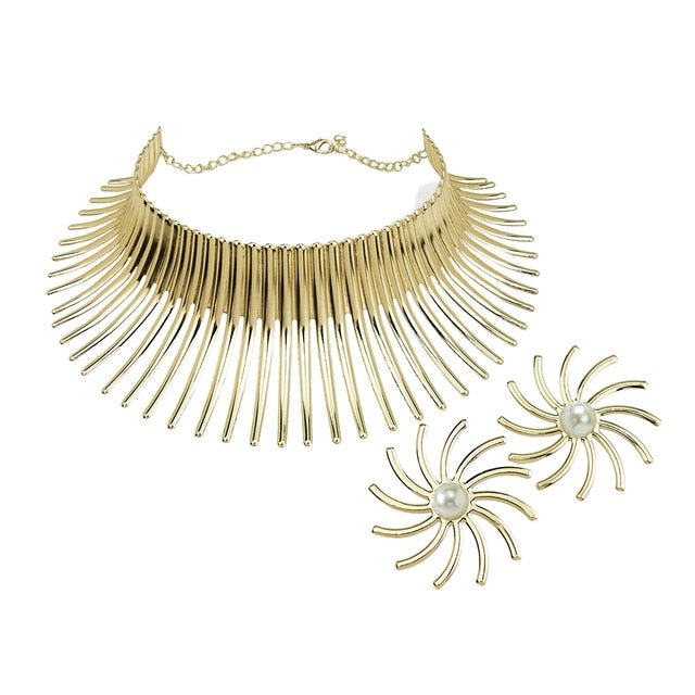 Africa Necklaces Jewelry Set Gold Color Metal Big Exaggerated Torque Choker Necklace Earrings Set Jewelry Steampunk Party UKMOC