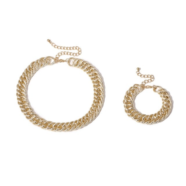 Hip Hop Exaggerated Cuban Big Chunky Chain Necklace & Pendant Bracelet NE+BA Steampunk Maxi Lock Choker Men Women Jewelry Set