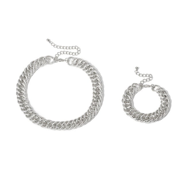 Hip Hop Exaggerated Cuban Big Chunky Chain Necklace & Pendant Bracelet NE+BA Steampunk Maxi Lock Choker Men Women Jewelry Set