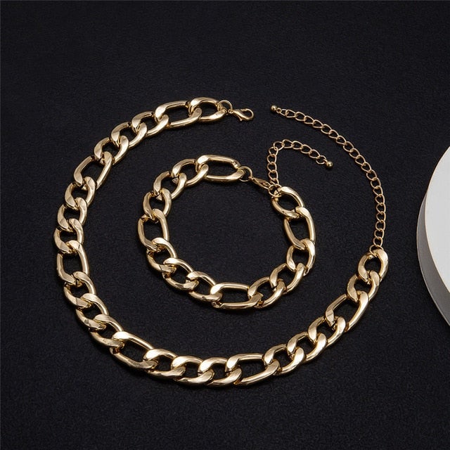 Hip Hop Exaggerated Cuban Big Chunky Chain Necklace & Pendant Bracelet NE+BA Steampunk Maxi Lock Choker Men Women Jewelry Set