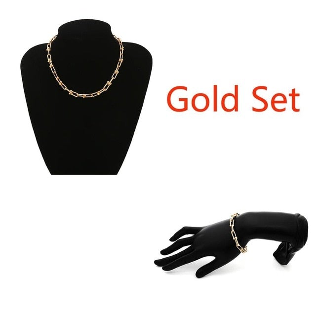 Hip Hop Exaggerated Cuban Big Chunky Chain Necklace & Pendant Bracelet NE+BA Steampunk Maxi Lock Choker Men Women Jewelry Set