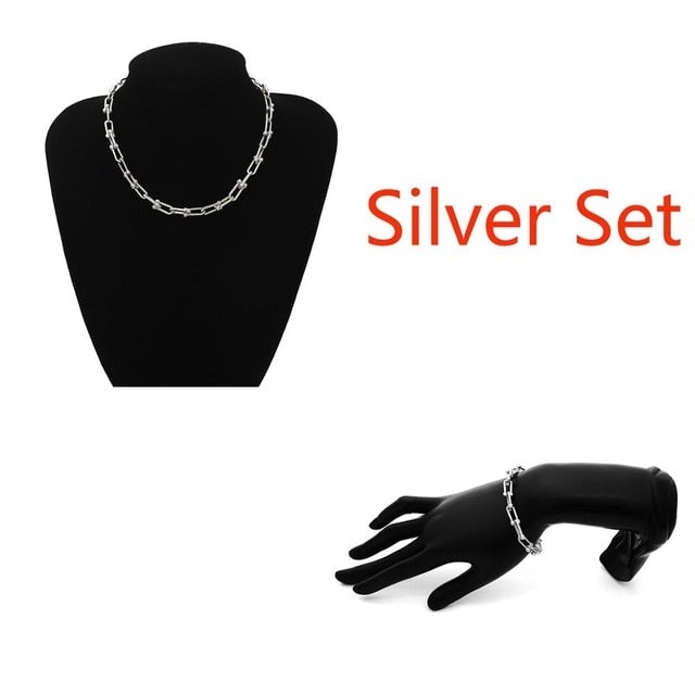 Hip Hop Exaggerated Cuban Big Chunky Chain Necklace & Pendant Bracelet NE+BA Steampunk Maxi Lock Choker Men Women Jewelry Set