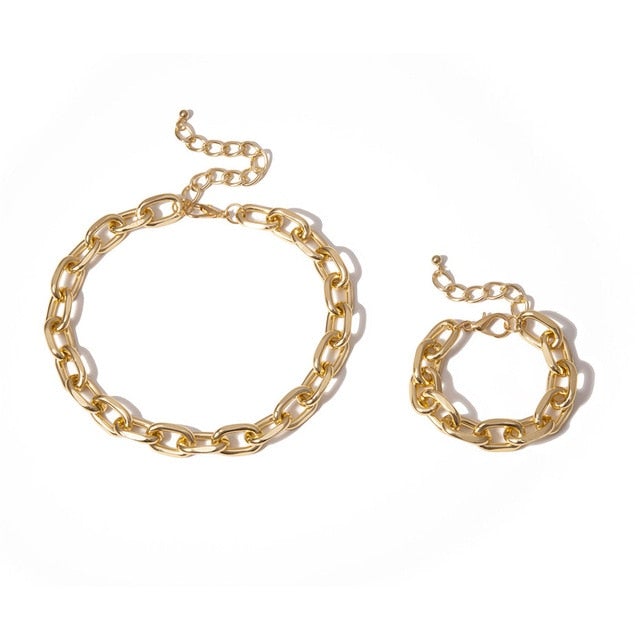 Hip Hop Exaggerated Cuban Big Chunky Chain Necklace & Pendant Bracelet NE+BA Steampunk Maxi Lock Choker Men Women Jewelry Set