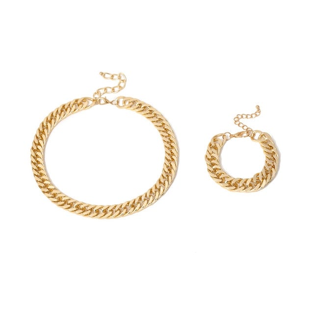 Hip Hop Exaggerated Cuban Big Chunky Chain Necklace & Pendant Bracelet NE+BA Steampunk Maxi Lock Choker Men Women Jewelry Set