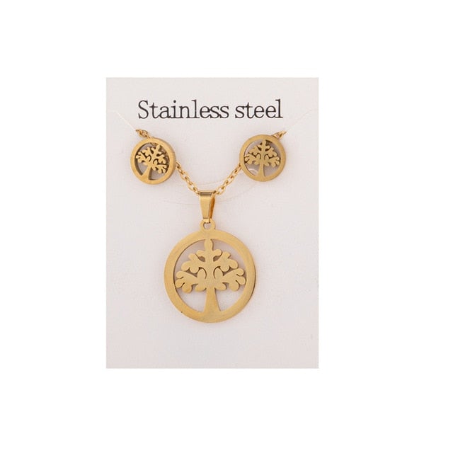 New Animal Flower Butterfly Stainless Steel Pendant Necklace Sets For Women Gold Color Chain Necklace Earrings Jewelry Gifts