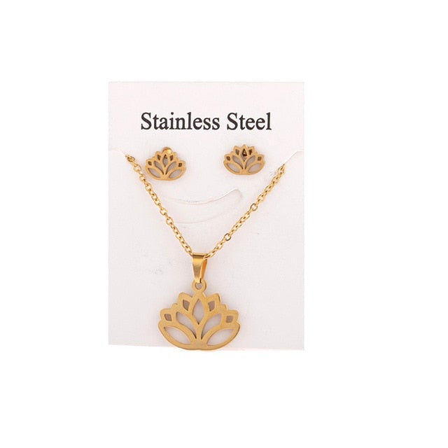 New Animal Flower Butterfly Stainless Steel Pendant Necklace Sets For Women Gold Color Chain Necklace Earrings Jewelry Gifts