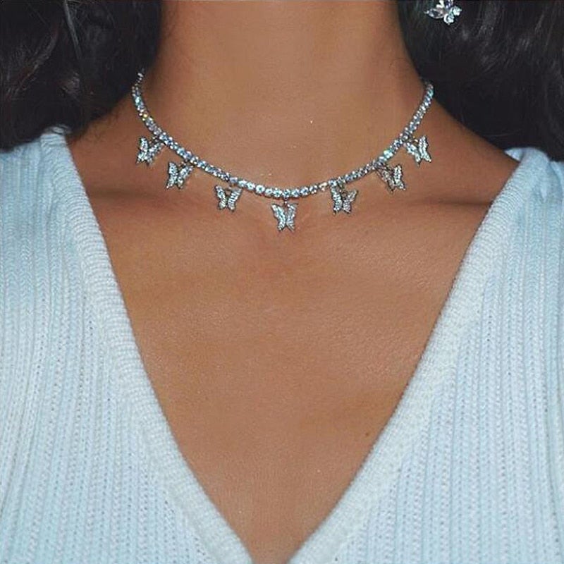 Fashion Bling Crystal Butterfly Choker Necklace For Women Bohemian Tennis Chain Necklace Double Layer Collar  Jewelry