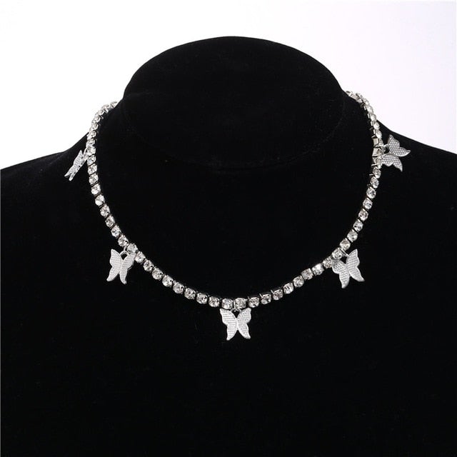 Fashion Bling Crystal Butterfly Choker Necklace For Women Bohemian Tennis Chain Necklace Double Layer Collar  Jewelry