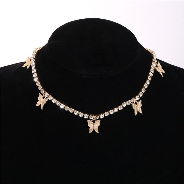 Fashion Bling Crystal Butterfly Choker Necklace For Women Bohemian Tennis Chain Necklace Double Layer Collar  Jewelry