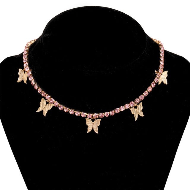 Fashion Bling Crystal Butterfly Choker Necklace For Women Bohemian Tennis Chain Necklace Double Layer Collar  Jewelry
