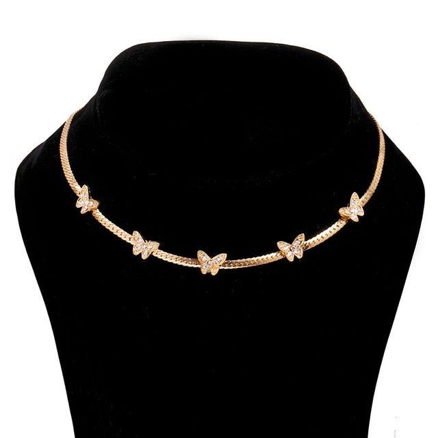 Fashion Bling Crystal Butterfly Choker Necklace For Women Bohemian Tennis Chain Necklace Double Layer Collar  Jewelry