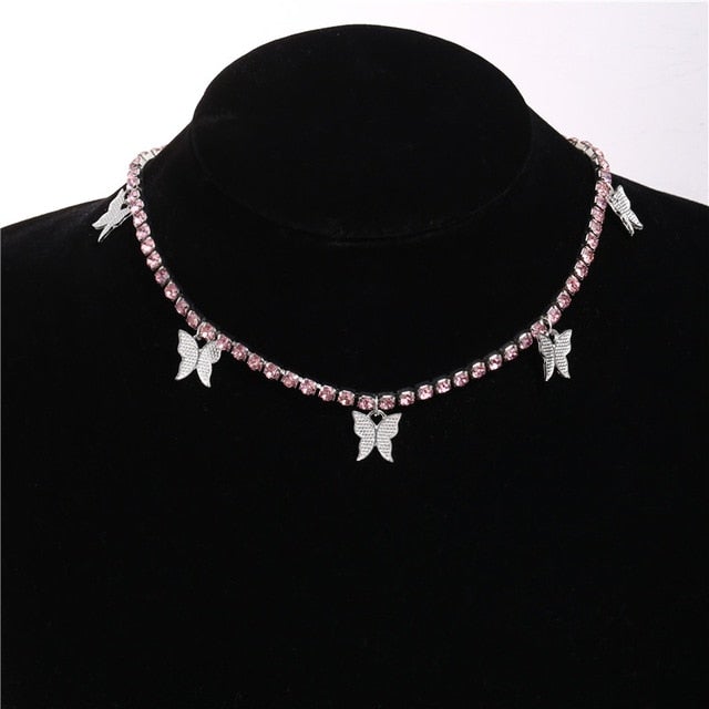 Fashion Bling Crystal Butterfly Choker Necklace For Women Bohemian Tennis Chain Necklace Double Layer Collar  Jewelry