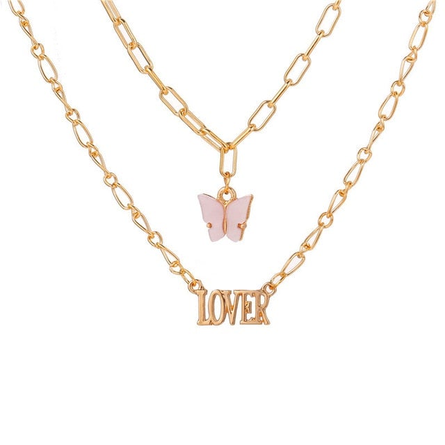 Fashion Bling Crystal Butterfly Choker Necklace For Women Bohemian Tennis Chain Necklace Double Layer Collar  Jewelry