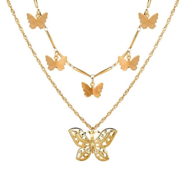 Fashion Bling Crystal Butterfly Choker Necklace For Women Bohemian Tennis Chain Necklace Double Layer Collar  Jewelry