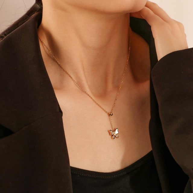 Butterfly Choker For Women Adjustable Gold Chain Charm Stainless Steel Necklace Kpop Delicate Pendant Necklace Bridal Jewelry